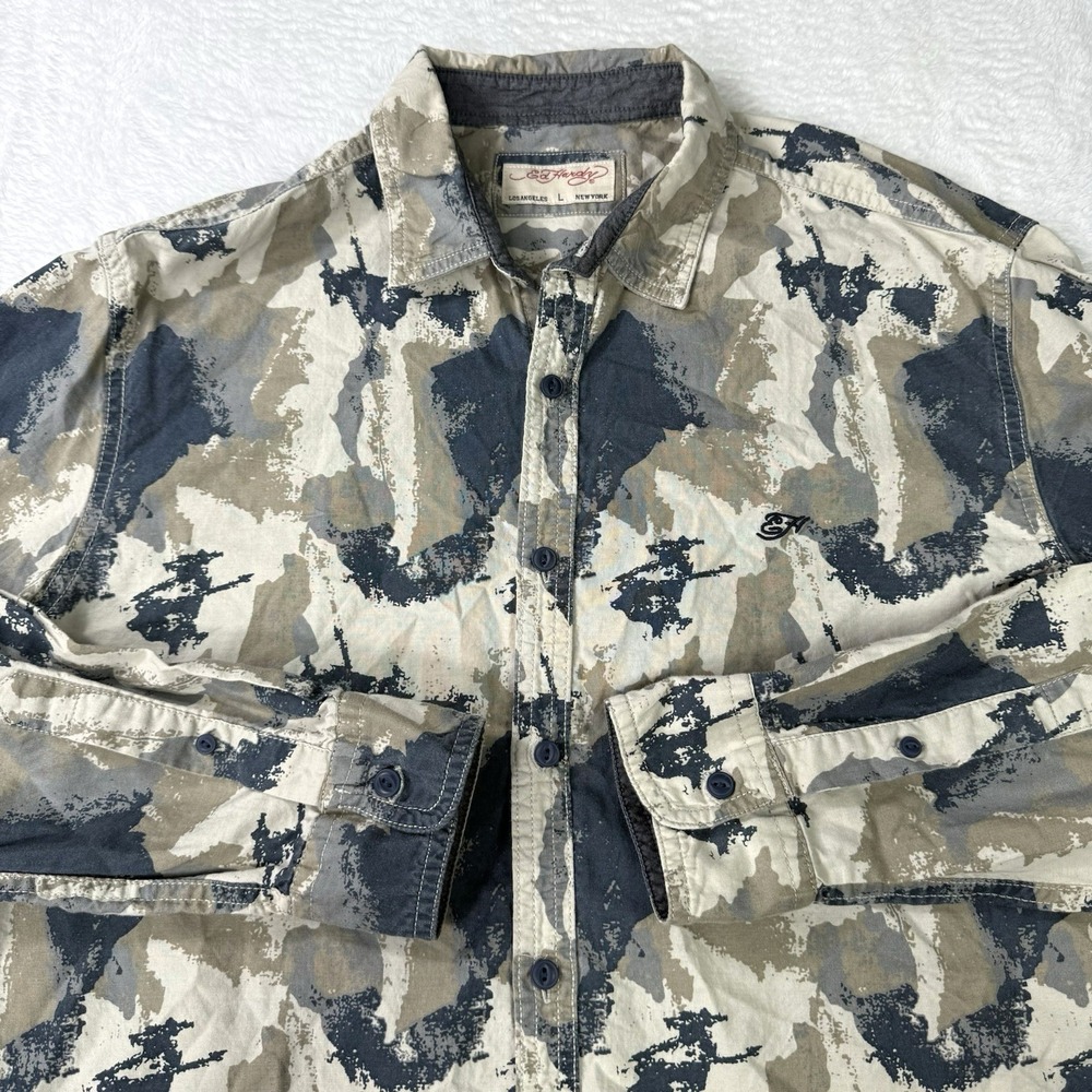 Ed Hardy Shirt Mens Large Camo Paint‎ Splash Button Down 100% Cotton Logo